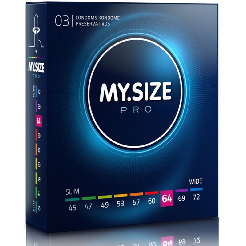MY.SIZE Pro condom packaging with size options on a dark blue background
