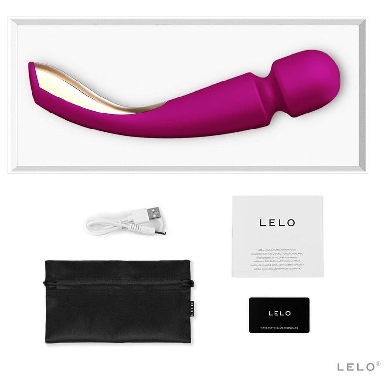 Purple LELO product with packaging, cable, and pouch on a white background