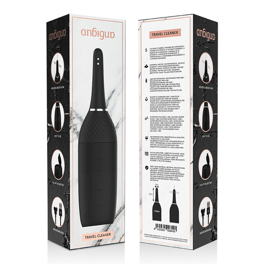 Aniguo travel cleaner packaging with black bottle illustration on a white background