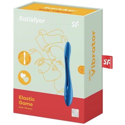 Satisfyer Multi Vibrator packaging with blue vibrator illustration on a light green and red background