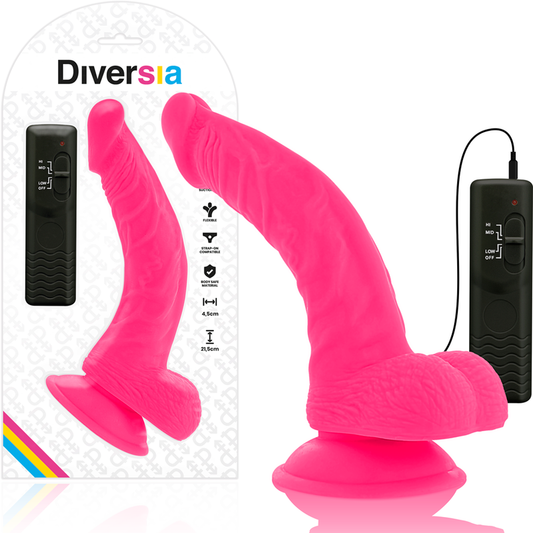 Pink silicone product with remote control on a white background, featuring the brand 'Diversia'.