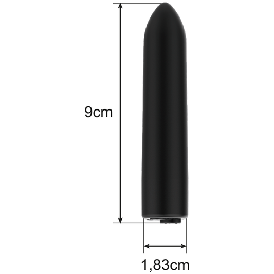 Black cylindrical object with measurements on a white background