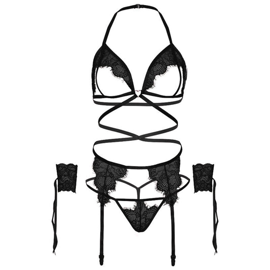 LEG AVENUE - FOUR PIECES SET BRA, G-STRING, GARTER BELT & WRIST CUFFS ONE SIZE - WHITE