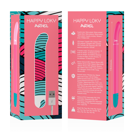 Product packaging with 'Happy Loky Ariel' branding and colorful design elements.