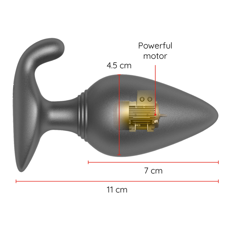 Sexual product with a visible motor and measurements on a white background