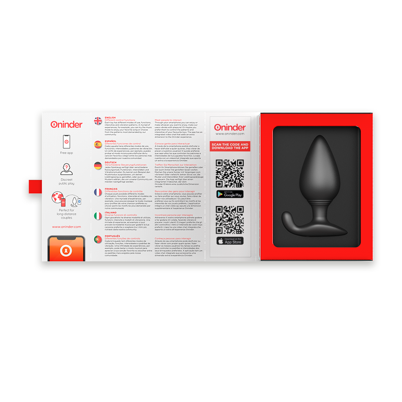 Product packaging with a black device and branded leaflet on a white background