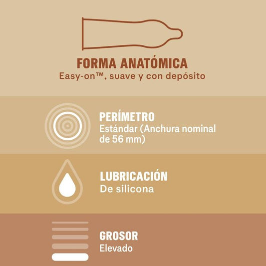 Product features with text in Spanish on a beige background