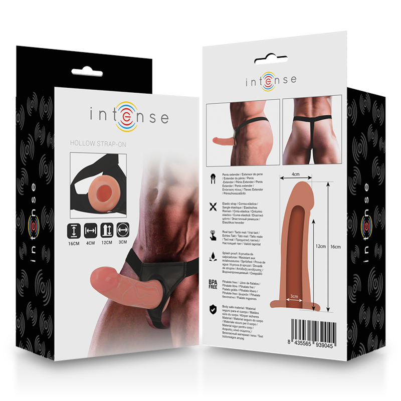 Product packaging for 'intense' with images of a person wearing a product and product details.