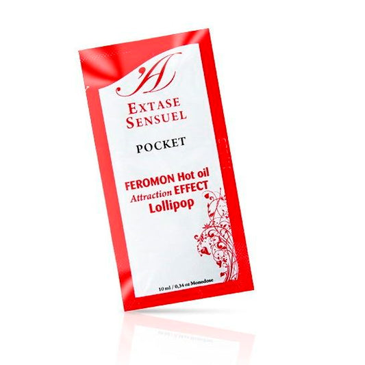 Red and white packaging of Extase Sensuel pocket feromon hot oil attraction effect lollipop on a white background