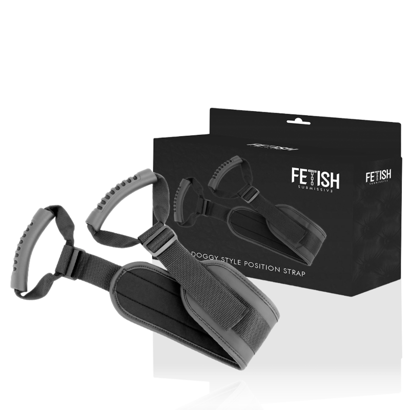 Black doggy style position strap with packaging on a white background