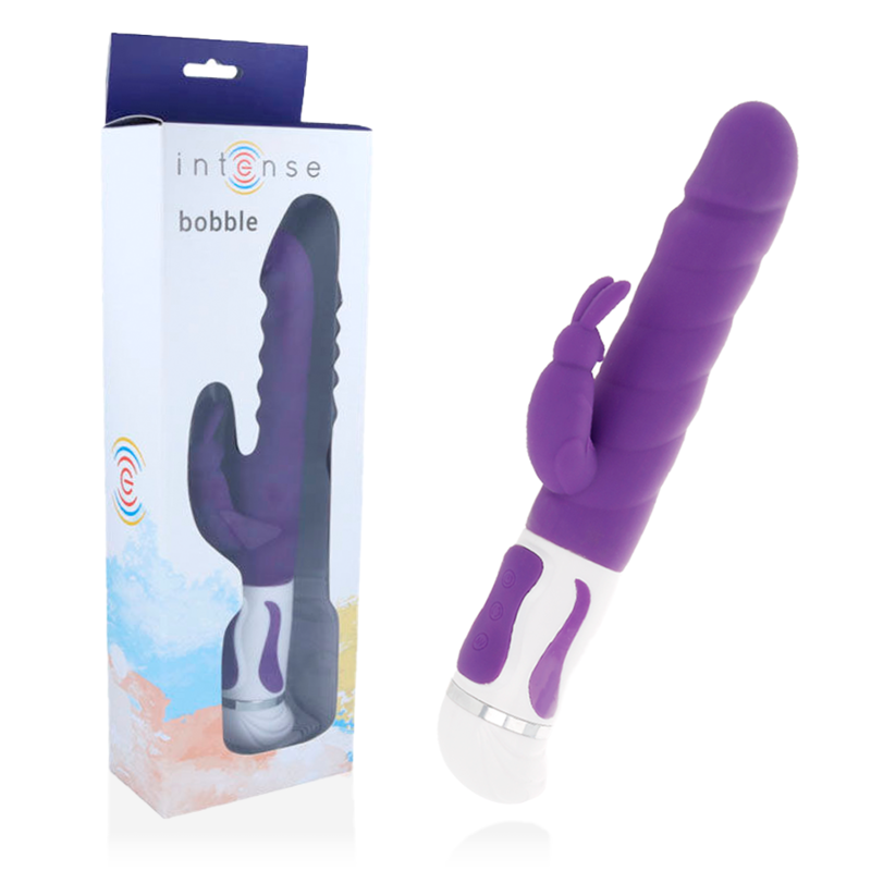 Purple and gray toy with packaging labeled 'intense bobble' on a white background