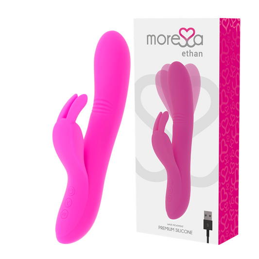 Pink silicone product with 'more&co' packaging on a white background