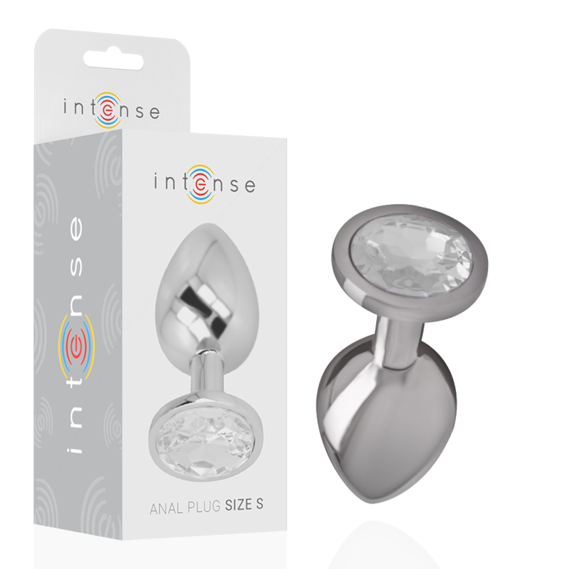Silver anal plug with packaging labeled 'intense' on a white background