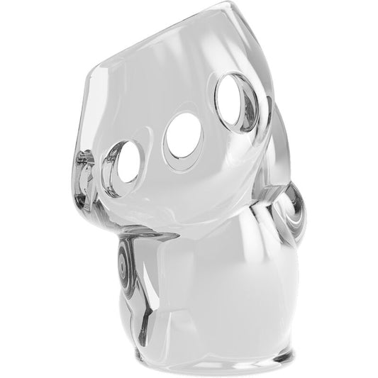 Clear glass object with geometric design on a white background