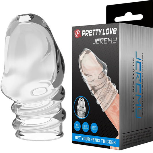 Clear silicone product next to its packaging with 'Pretty Love Jeremy' branding.