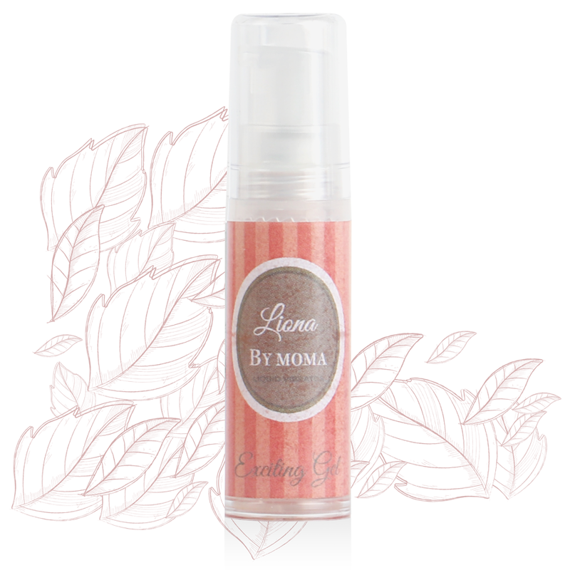 Lotion bottle with 'Liena by Moma' branding on a white background with leaf designs.