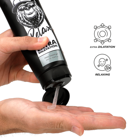 Person applying a black gel labeled 'Relax' to their palm with product packaging and icons on a white background.