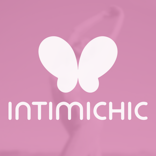 White butterfly logo and 'INTIMICHIC' text on a pink fabric background