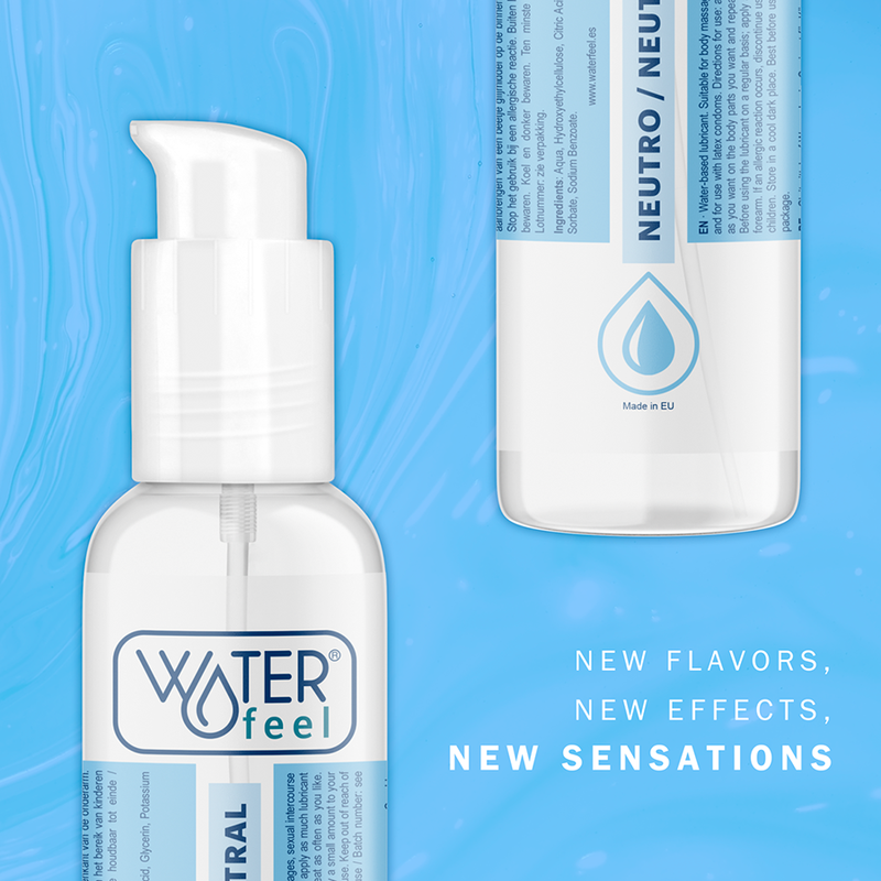 Two bottles of Waterfeel product on a blue background with text about new flavors and effects.