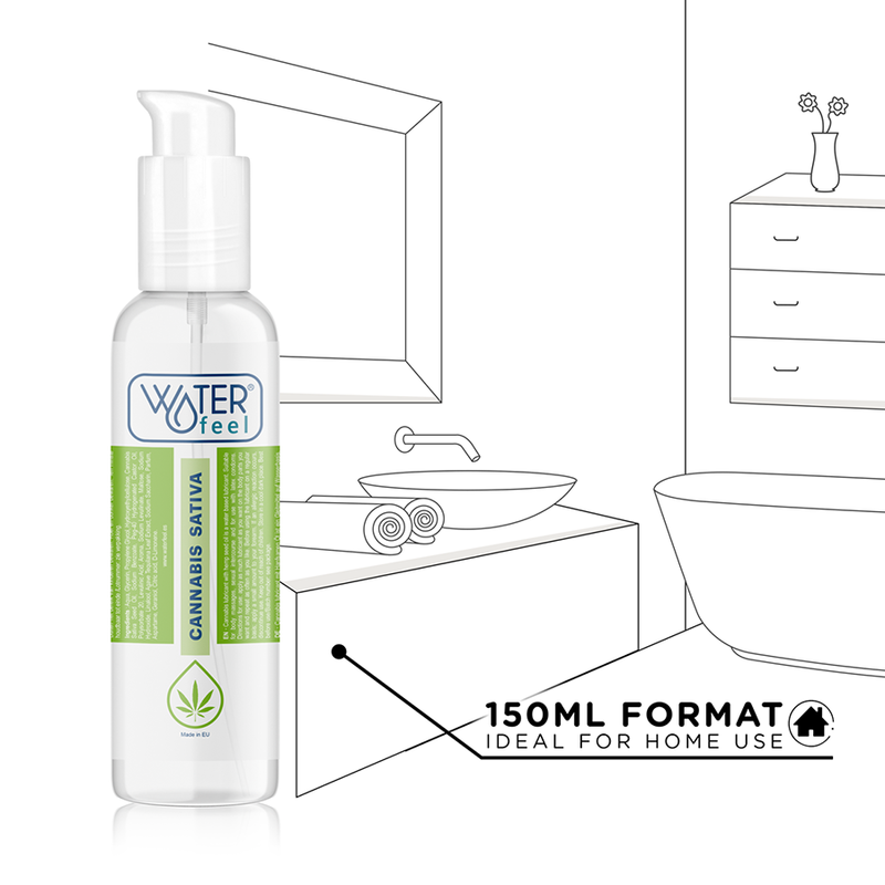 Bottle labeled 'Waterfeel' with cannabis sativa on a bathroom background