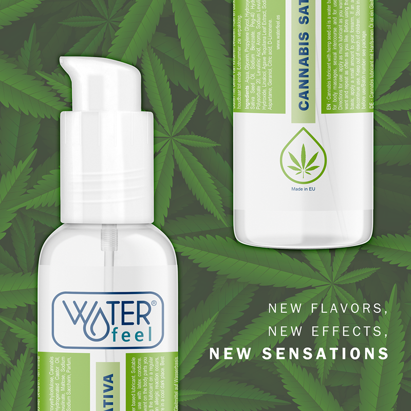 Bottle of 'Water Feel' product with cannabis leaf design on a green leafy background
