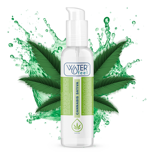 Bottle of Waterfeel Cannabis Sativa product with green leaves and water droplets on a white background