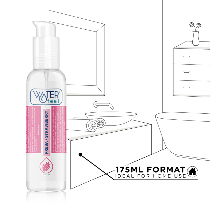 Bottle of 'Waterfeel' strawberry-flavored product with a bathroom illustration in the background