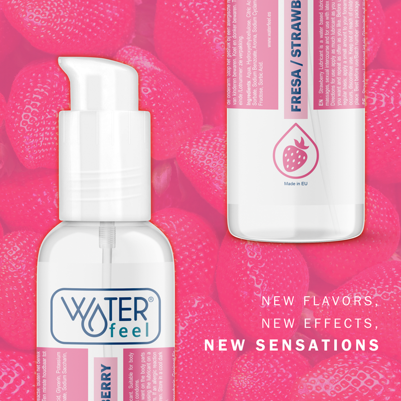 Bottle of Waterfeel product with strawberry flavor on a pink strawberry background