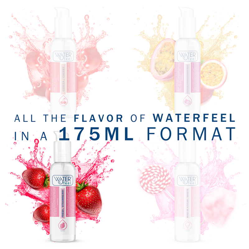 Product packaging with strawberry elements and text about flavor and volume.