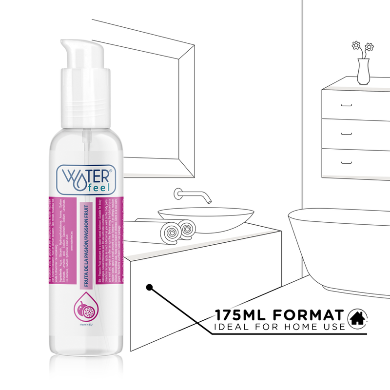 Skincare bottle labeled 'Waterfeel' with a bathroom illustration in the background