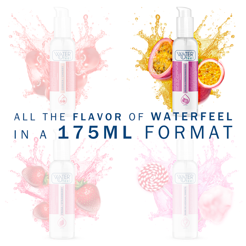 Product packaging with fruit graphics and text about a 175ml format, featuring the brand 'Water You'.