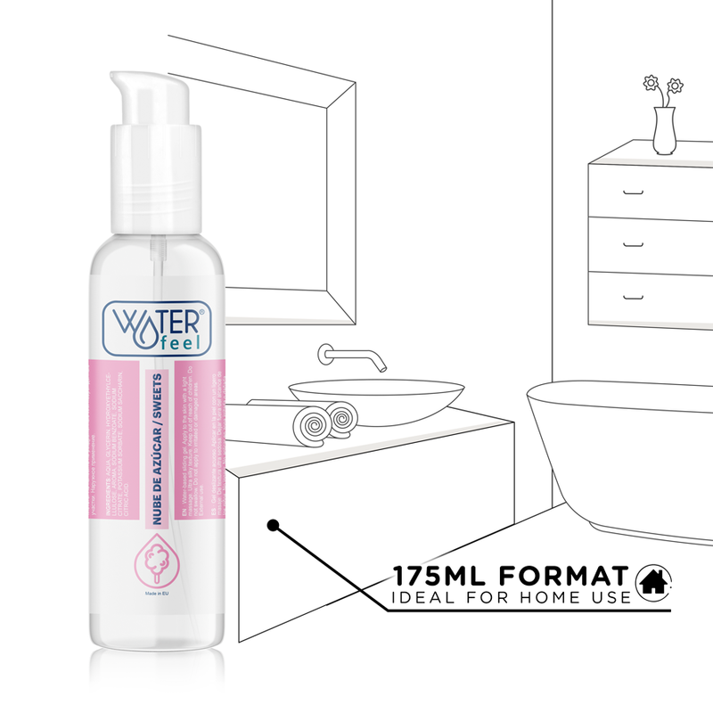 Bottle of 'Waterfeel' product with pink label on white background