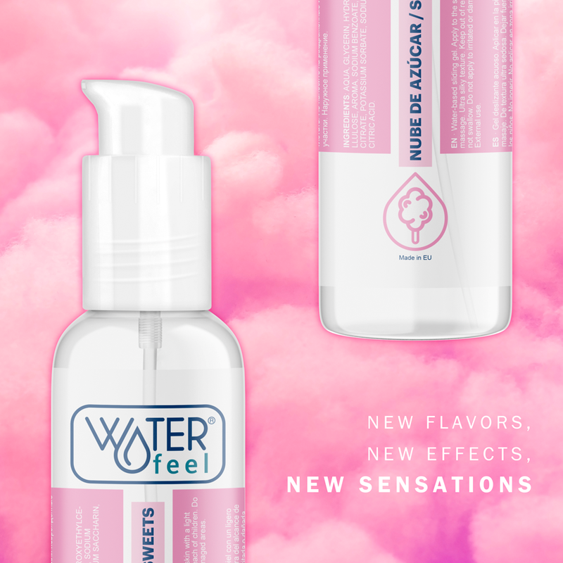 Two bottles of Waterfeel product on a pink background with text about new flavors and effects.