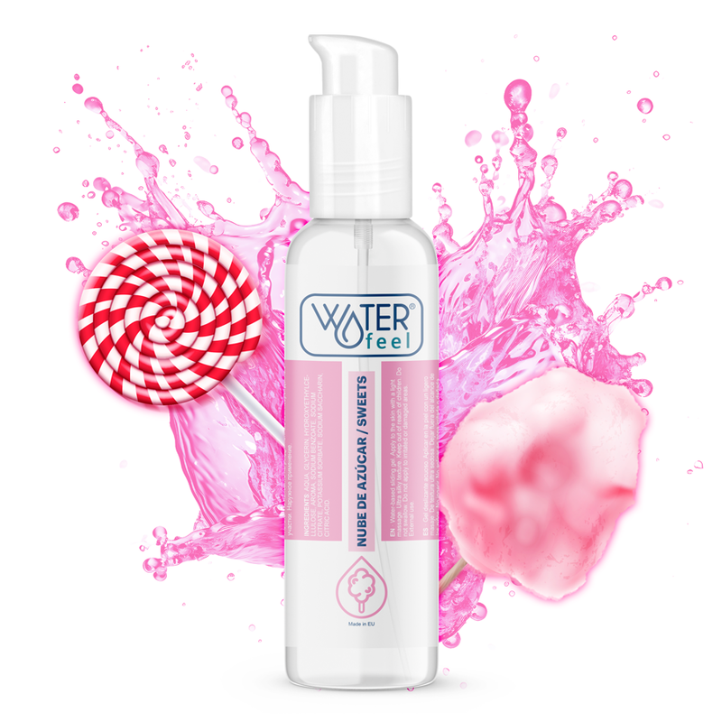 Bottle of 'Waterfeel' with pink lollipop and cotton candy on a white background