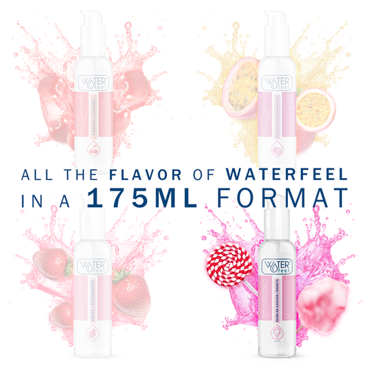 Product packaging with colorful splashes and text about a 175ml format, featuring the brand 'Waterfeel'.