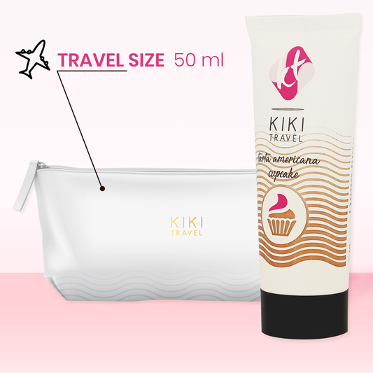 Kiki Travel size 50 ml product with matching pouch on a pink background