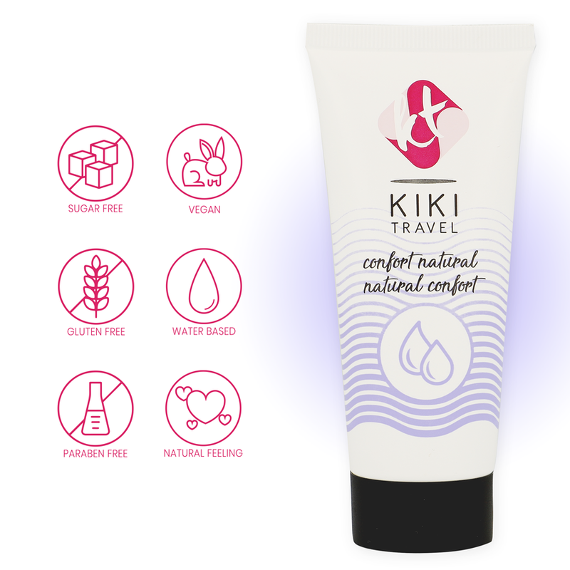 KIKI Travel product with icons indicating sugar-free, vegan, gluten-free, water-based, paraben-free, and natural feeling properties on a white background.