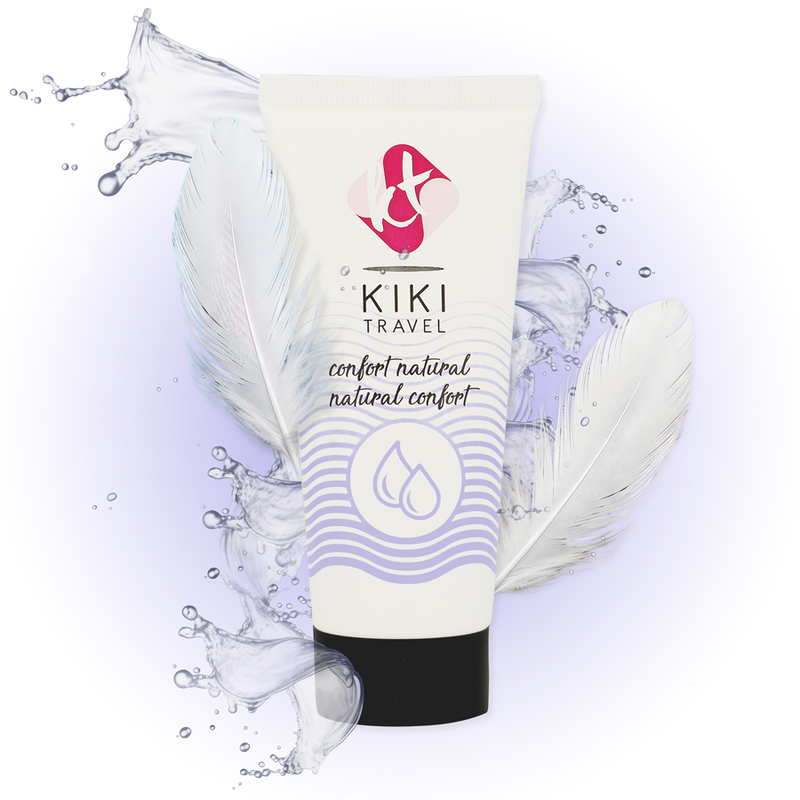 KIKI Travel product with water droplets and feathers on a light purple background