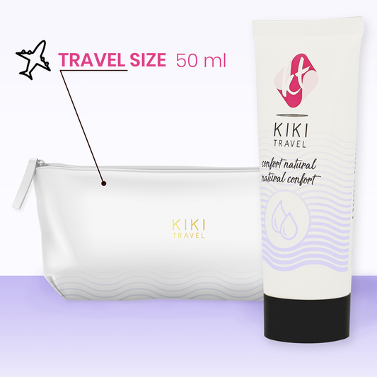 Kiki Travel product with travel size 50 ml packaging on a light purple background