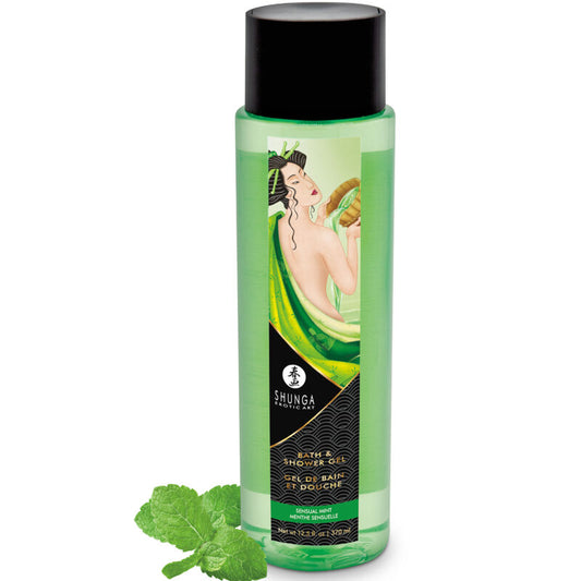 Shunga bath and shower gel bottle with green label and black cap on a white background