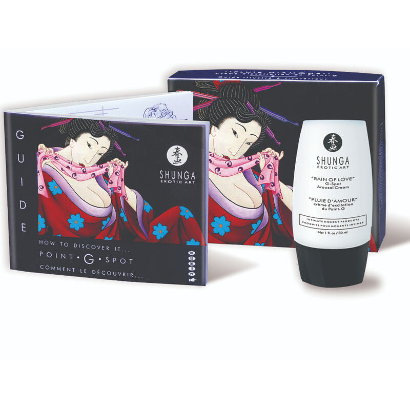Shunga product set with cream and guidebook on a white background