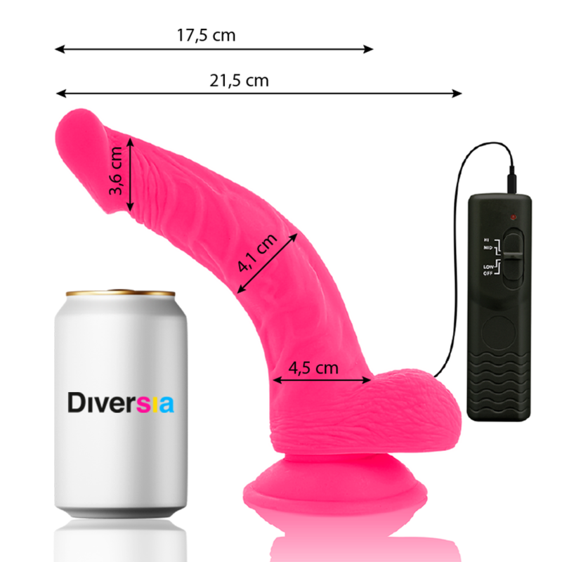 Pink silicone product with measurements and a remote control, next to a Diversia can.