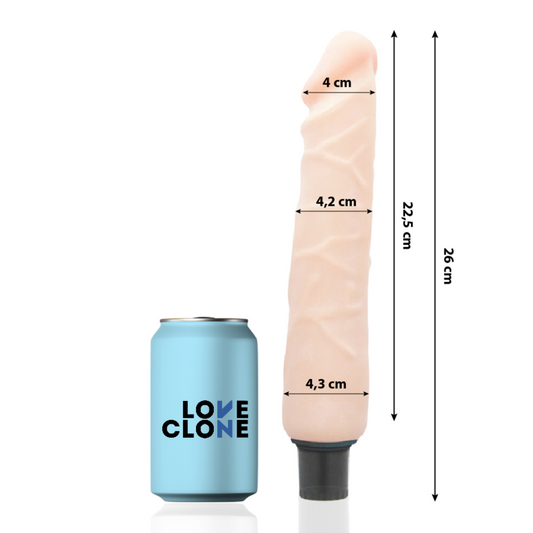 Measurement chart of a cylindrical object next to a can with 'LOVE CLONE' branding on a white background.