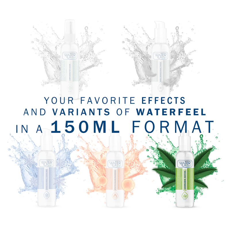 Promotional graphic for Waterfeel products with text about effects and variants in a 150ml format.