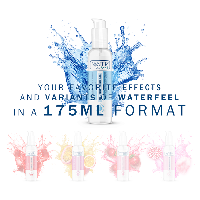 Waterfeel product with water splashes and text on a white background