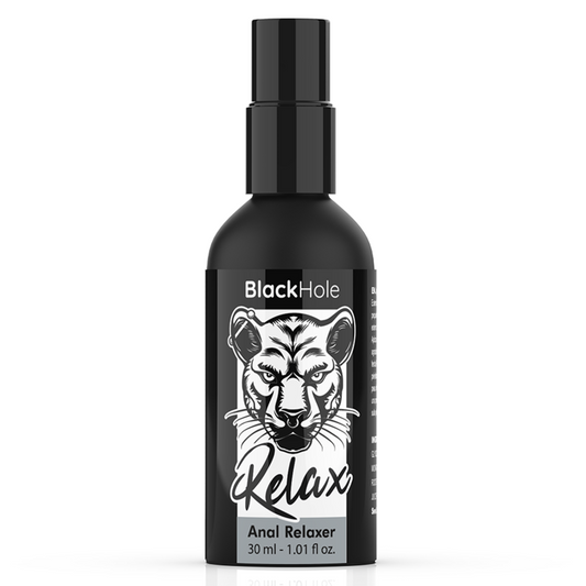 Black bottle of BlackHole Relax Anal Relaxer with a tiger design on a white background