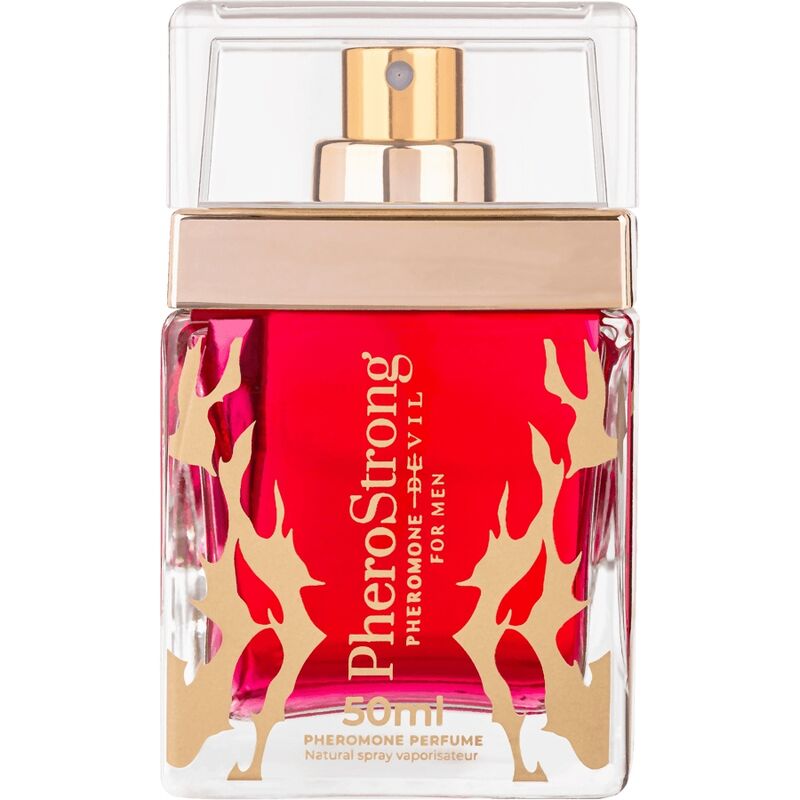 Red and gold perfume bottle labeled 'Phero Strong' on a white background