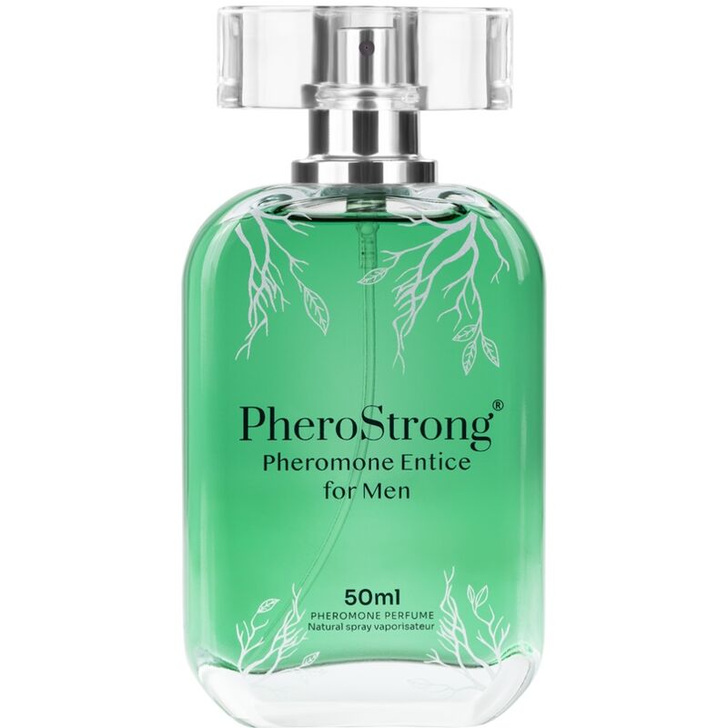 Green perfume bottle labeled 'PheroStrong' on a white background