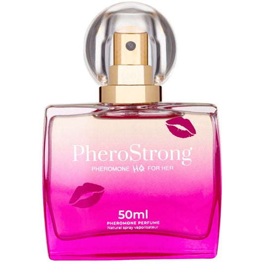 Pink and purple PheroStrong perfume bottle with a gradient effect on a white background