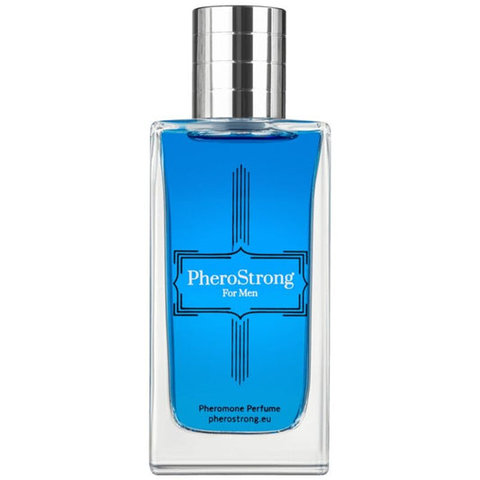 Blue perfume bottle labeled 'PheroStrong for Men' on a white background